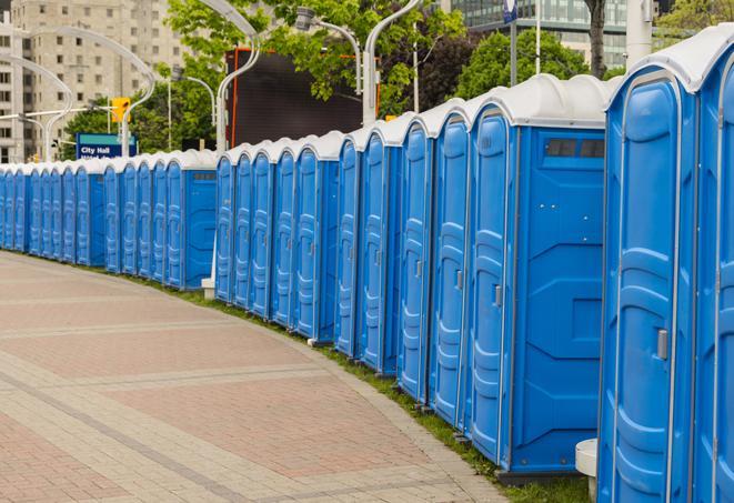 a row of portable restrooms at a fairground, offering visitors a clean and hassle-free experience in Brooklyn, MD